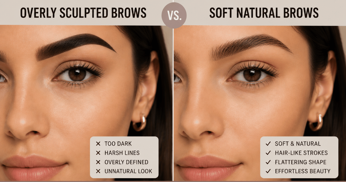 Feature image showing side-by-side comparison of overly sculpted brows versus soft natural brows.