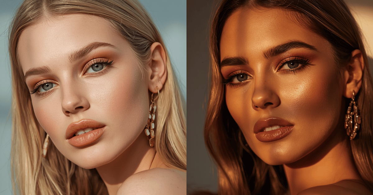 split-image showing a soft daytime makeup look beside an elevated evening version