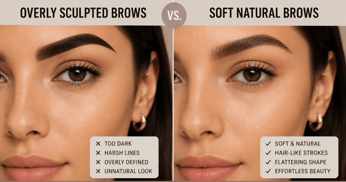 Feature image showing side-by-side comparison of overly sculpted brows versus soft natural brows.