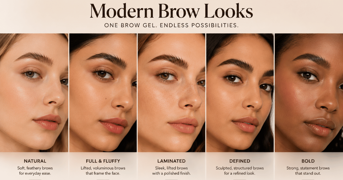 Several modern brow makeup looks side by side.]
