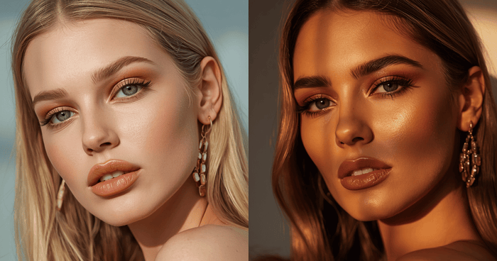 split-image showing a soft daytime makeup look beside an elevated evening version