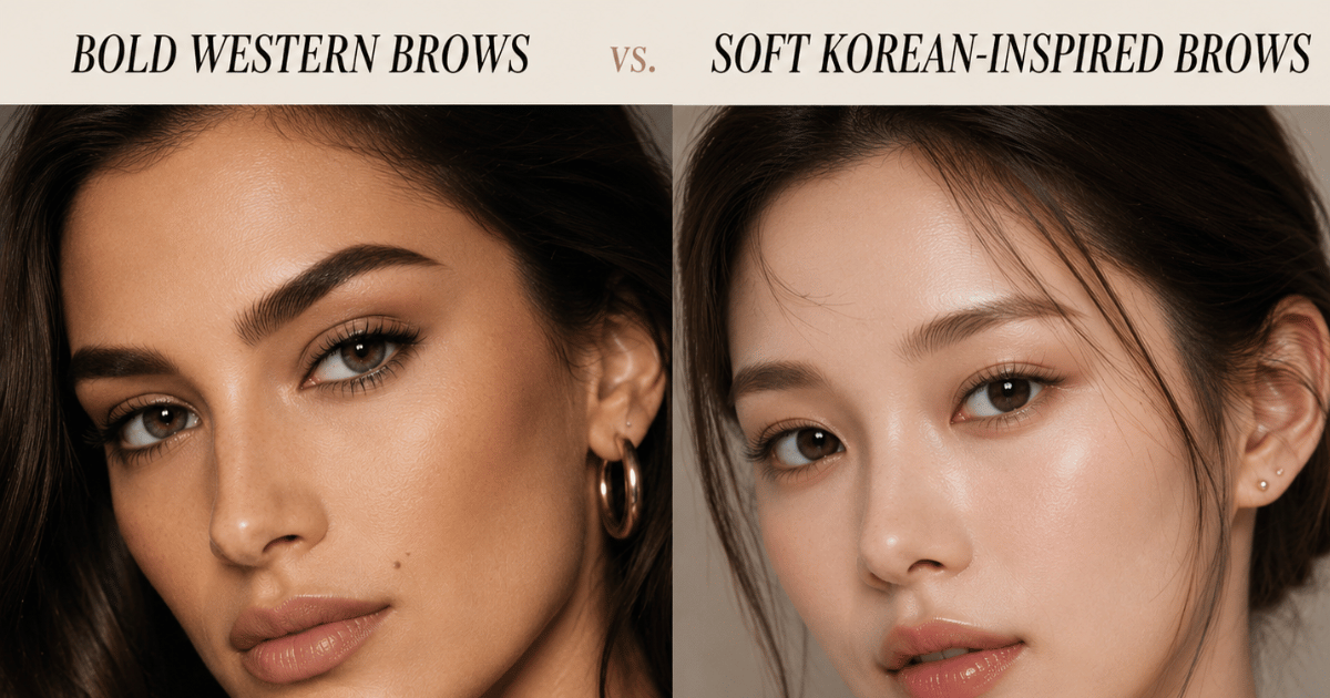 side-by-side comparison of bold Western brows versus soft Korean-inspired brows.