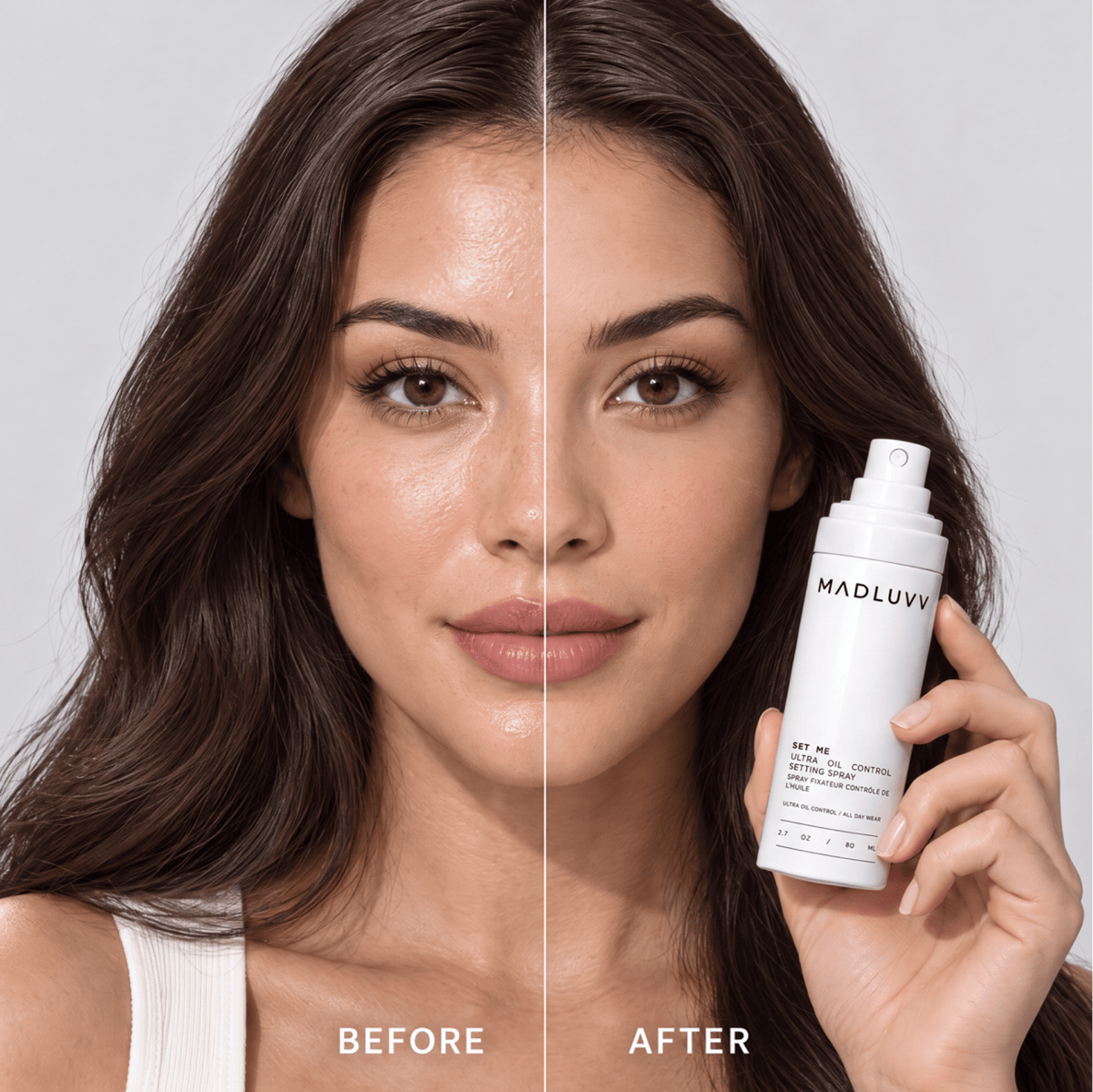A woman shown in a split before-and-after skincare comparison, holding a white MADLUVV bottle in her hand. The right side is labeled 'AFTER' and shows smoother, more radiant skin compared to the left side labeled 'BEFORE'.