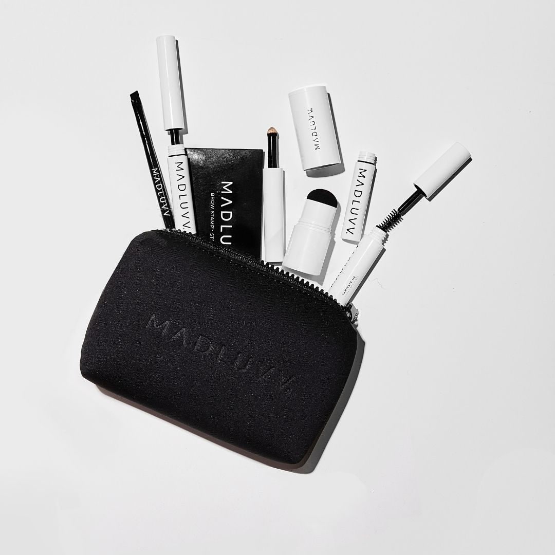 Neoprene Full-Zip Makeup Bag with eyebrow brush, brow stamp refill, eyebrow highlighter, eyebrow gel